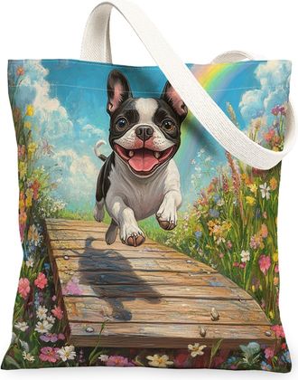Generic Spring Boston Terrier Dog Canvas Tote Bag for Shopping 13x15, Country Garden Puppy Reusable Grocery Print Pattern Bag for Women, Fun Flower Pet Beach 
