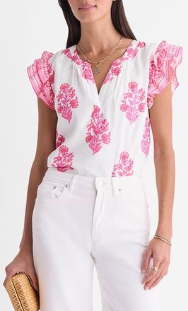 Vineyard Vines Adare Floral Double Ruffle Sleeve Top in Floral White Cap at Nordstrom, Size X-Large
