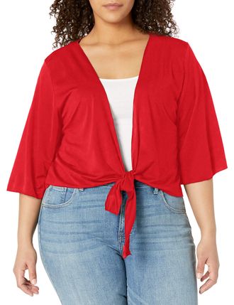 Star Vixen Womens Plus Size 3/4 Sleeve Tiefront Shrug, Red Solid, 3X