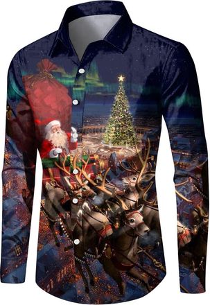 Generic Christmas Shirts for Men Funny Santa Claus Xmas Tree Reindeer Print Long Sleeve Button Down Shirts Mens Christmas Shirt for Party Ugly Xmas Shirt Holi