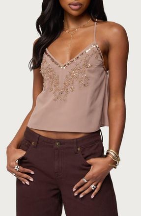 Edikted Sorina Sequin Beaded Camisole in Taupe at Nordstrom, Size X-Small