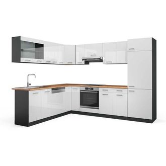 Vicco Cucina angolare completa R-Line, Bianco lucido/antracite, 227 x 287 cm, pl Rovere