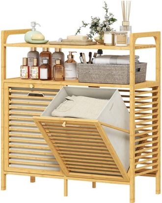 HOMCOM Mobile Porta Biancheria con 2 Cesti da 41L e Ripiani color Legno e Crema