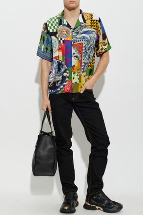 Versace Silk Shirt With Medusa Collage Print, Mens, Multicolour