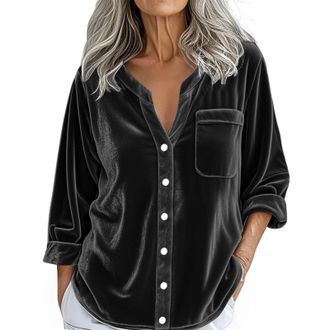 Generic Velvet Tops for Women Velour Shirts Vintage Long Sleeve Button Down Tshirts Blouse Casual Elegant Clothes with Pocket 0(Black, L)