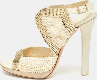 Jimmy Choo London Knit Fabric Embellished Ankle Strap Sandals