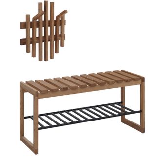 Hhg [nunca Usado] Conjunto De Recibidor Mca Hhg-393, Panel De Recibidor Con Banco Y Estante Para Zapatos, Madera Maciza De Roble