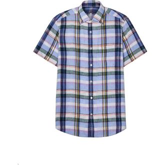 Robert Talbott Morgan Plaid Linen Short Sleeve Shirt in Blue Multi at Nordstrom, Size Medium
