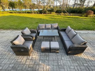 Fimous 10 Seater Rattan Outdoor Garden Furniture Sofa Set Patio Table & Chairs Set with 3 Seater Sofa 2 Small Footstool Dark Grey Mixed