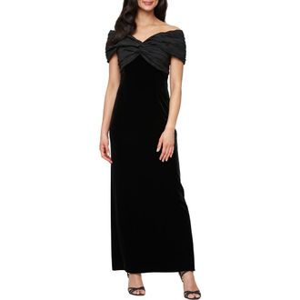 Alex Evenings Off the Shoulder Taffeta & Velvet Sheath Gown in Black at Nordstrom Rack, Size 16