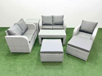Fimous High Back Poly Rattan Garden Furniture Set w/ Reclining Chair Loveseat Sofa Oblong Coffee Table Indoor Outdoor Patio Set 2 Big Stool Side