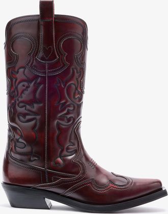 Ganni Red Mid Shaft Embroidered Western Boots in Burgundy