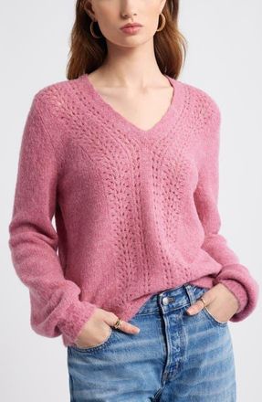 Treasure & Bond Oversize Pointelle V-Neck Sweater in Pink Haze at Nordstrom, Size Xx-Small