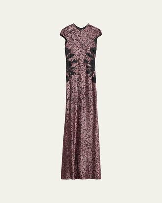 Naeem Khan Floral Applique Short-Sleeved Sequin Gown