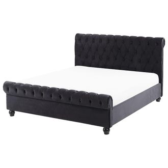 Beliani Cama Doble Tapizada En Terciopelo Negro 140 X 200 Cm Con Cabecero Acolchado Estilo Glam Avallon
