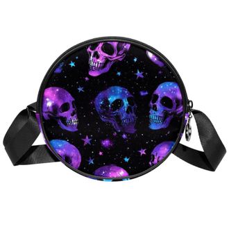 Generic Circle Crossbody Bag for Women, Galaxy Skull Star Small Sling Bag Daypack with Zipper Adjustable Shoulder Straps Casual Ladies Girls Round Purse