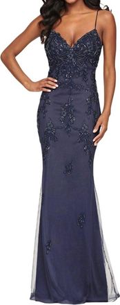 Faviana Beaded Lace Long V Neck Dress With Open Back In Navy