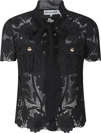 Self Portrait Lace Tie Neck Top - female - Self Portrait - Blouses - Black - XS - Blouses & Shirts