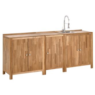 Beliani Conjunto De 3 Armarios De Cocina Exterior De Madera De Acacia Con Fregadero Y Grifo Estantes Encimera De Madera Maciza Acero Inoxidable Marr&oacute;n Y Plate