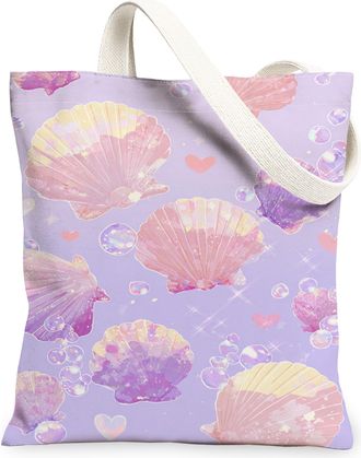 Generic Artistic Shells Canvas Tote Bags, Funky Ocean Pattern Reusable Grocery Bags, Summer Lightweight Washable Shoulder Strap Can, Violet, 13x15 Inch