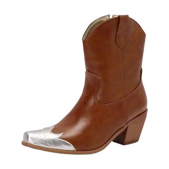 Generic Womens Western Cowboy Ankle Booties Square Toe High Block Heel With Side Zipper For Leisure And Casual Wear