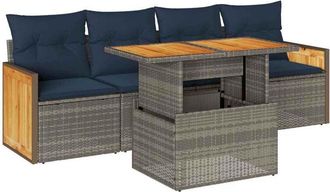 vidaXL 5 Piece Garden Sofa Set with Cushions Grey Poly Rattan Acacia Vidaxl