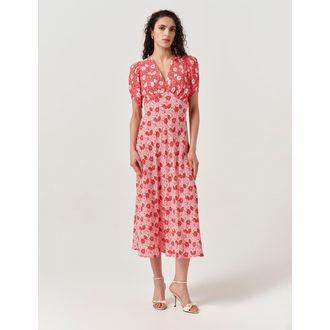 Ghost London Faye Floral Crepe Midi Dress in Red Floral at Nordstrom, Size 16