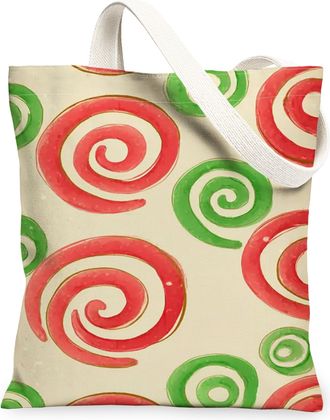 Generic Festive Swirl Canvas Tote Bags, Spiral Pattern Reusable Grocery Bags, Winter Vintage Chic Washable Shoulder Strap Canvas Fo, Red and Green, 13x15 Inch