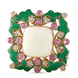 Luxury Bazaar Antique 14K Rose Gold Diamond, Ruby, Enamel, and Opal Brooch Pin MF27-080426