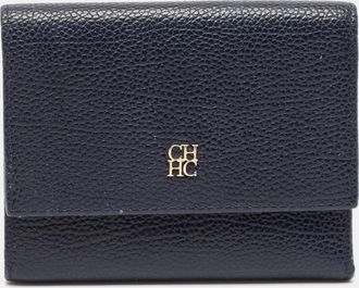 Carolina Herrera Navy Blue Leather Logo Trifold Wallet