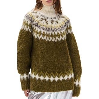 Rag & Bone Beth Oversize Fair Isle Alpaca Blend Turtleneck Sweater in Army Multi at Nordstrom Rack, Size Large