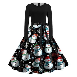 Generic Women Christmas Dress Santa Snowman Snowflake Print Long Sleeve O Neck Evening Party Dress Xmas Costume Swing Dresses Christmas Cosplay Mini (XL)