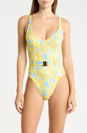 Hutch Sally Belted One-Piece Swimsuit in Yellow Watercolor Gardenias at Nordstrom Rack, Size X-Large