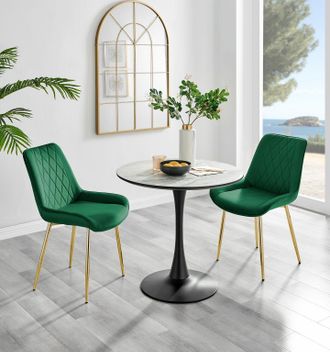 Furniturebox Elina White Marble Effect Scratch Resistant Dining Table & 2 Pesaro Gold Leg Velvet Chairs in Green