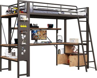 STILVORA Cama Alta 90 X 200 Cm Con Led, Usb, Escritorio, Almacenamiento Y Estantes, Sin Colch&oacute;n, De Metal, Negro