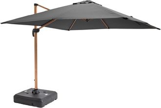 Oviala Parasol de 3x3m y base con ruedas para contrapesar, efecto madera gris