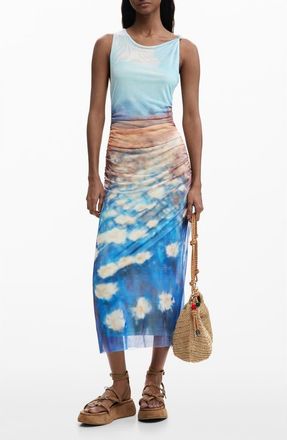 Desigual Sleeveless Abstract Floral Print Mesh Dress in Blue at Nordstrom, Size Small