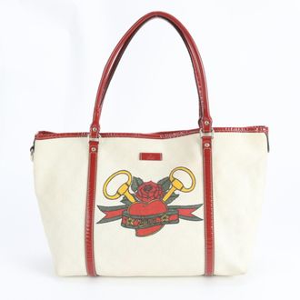 Gucci Off-White Red Color Coated Canvas Leather Handbag Tote Bag (Pre-Owned)