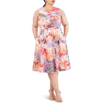 Vince Camuto Floral Sleeveless Fit & Flare Scuba Dress in Lavender at Nordstrom Rack, Size 18W