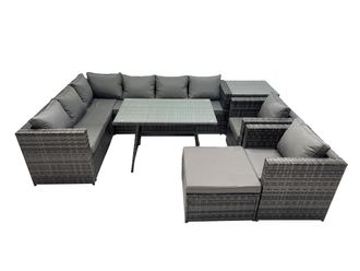 Fimous 9-seater Outdoor PE Rattan Sofa Set with with 2 Chair Stool Side Table in Dark Grey