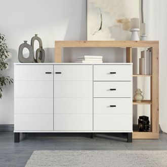Dmora Credenza Valiza, Aparador 3 Cajones, 5 Estantes, Puerta Batiente, Deslizante, 145x35x101h Cm Blanco