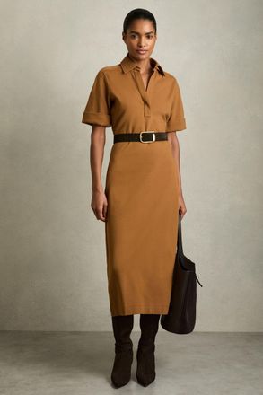 Reiss Womens Brown Jersey Open-Collar Bodycon Dress, Size: 8