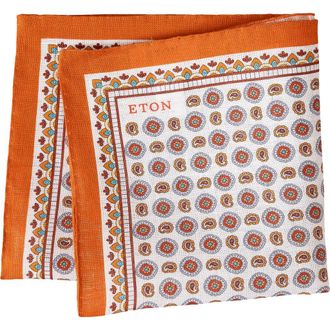 Eton Geometric Print Linen Pocket Square in Medium Orange at Nordstrom