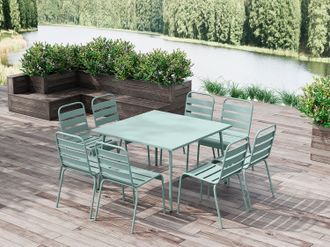 Vente-Unique Sala da pranzo da giardino un tavolo L.120 cm e 8 sedie impilabili in Metallo Verde acqua - MIRMANDE di MYLIA