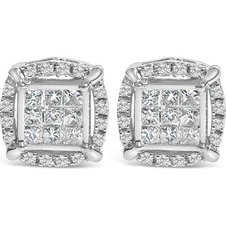 House of Brilliance Sterling Silver 1/2 Cttw Princess Cut Diamond Composite and Halo Stud Earrings at Nordstrom