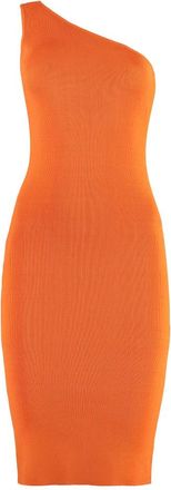 Yves Salomon Geribbelde Gebreide One Shoulder Jurk - Dames - Feestkleedjes - Oranje - 2XS - Polyester - Kleedjes
