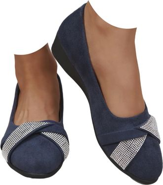 Generic Womens Lightweight Fashion Rhinestone Wedge Shoes, Comfortable Arch Support Wedge Slip-On Shoes Round Toe Low Heel Pump (Blue,5.5)