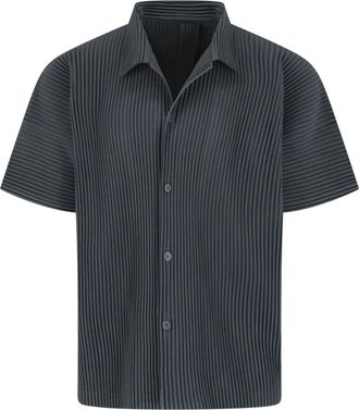 Homme Pliss&eacute; Issey Miyake Grey Bowling Collar Pleated Polo Shirt