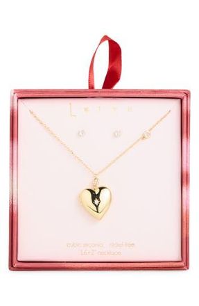 Leith Cubic Zirconia Stud Earrings & Heart Locket Set in Clear- Gold at Nordstrom Rack