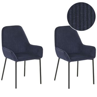 Beliani Conjunto De 2 Sillas De Comedor Tapizadas En Pana Azul Con Patas Negras Estilo Retro Glamour Loverna
